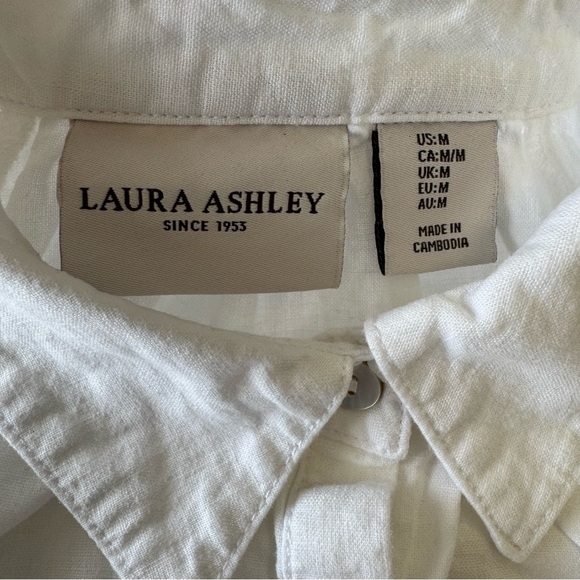 Laura Ashley Linen Blend White Button-Up Shirt with Gathered Prairie Collar MED - Picture 2 of 10